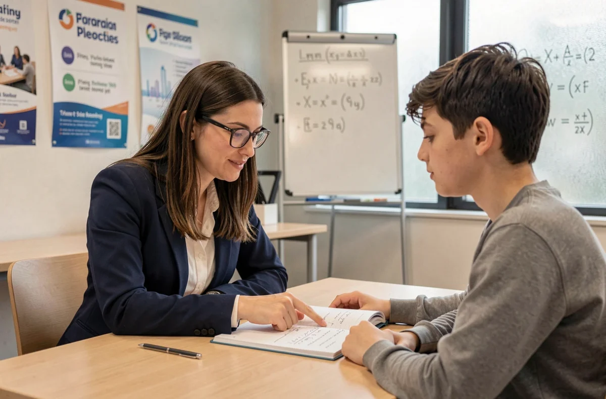 Tutrice professionnelle d'Acadomia accompagnant un élève en mathématiques dans un centre de soutien scolaire en Centre-Val de Loire