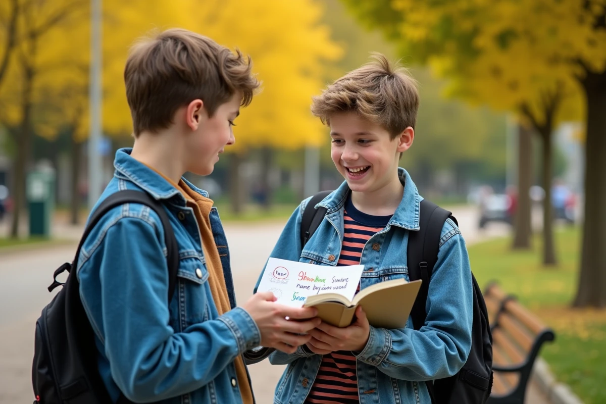 Adolescent expliquant les verbes espagnols en plein air