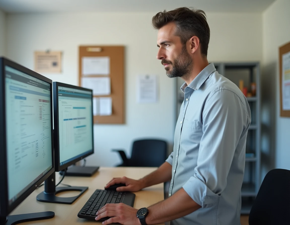 Agent municipal de Caen consultant des ressources administratives sur une double station de travail dans un bureau back-office
