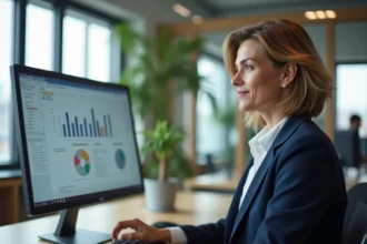 Agente administrative utilisant l'intranet de la ville de Caen sur son ordinateur de bureau dans un open space municipal