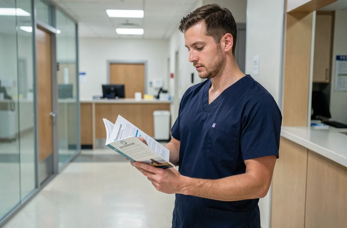 Aide-soignant masculin consultant un livret réglementaire sur les nouveaux actes professionnels dans un couloir d'hôpital