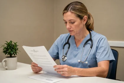 Aide-soignante lisant attentivement un document officiel sur les nouveaux actes 2026 dans une salle de pause hospitalière