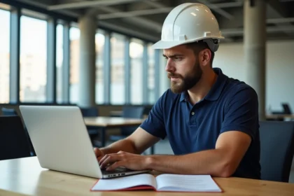 Apprenant en formation BTP en ligne sur un ordinateur portable dans un espace de coworking industriel