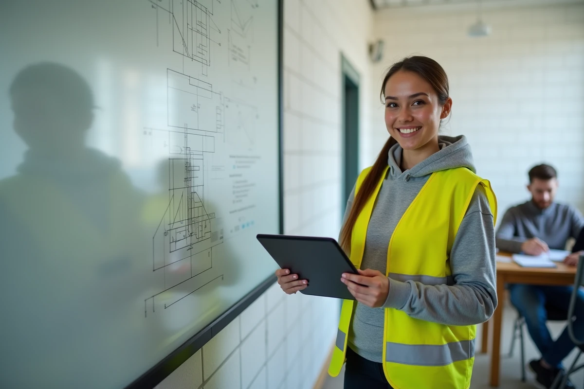 Apprenante BTP tenant une tablette avec certificat de formation dans une salle de cours professionnelle