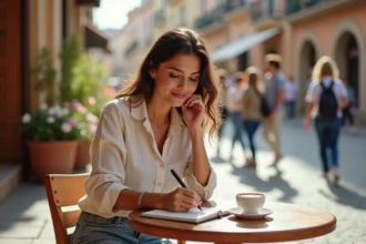 Jeune femme pratiquant des phrases en espagnol futur dans un café en plein air à Madrid