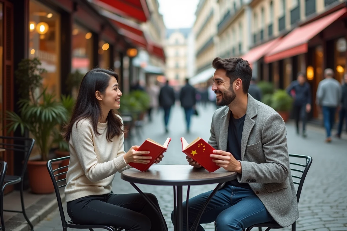 Deux personnes discutant de l'apprentissage du japonais et du chinois autour d'un café en terrasse