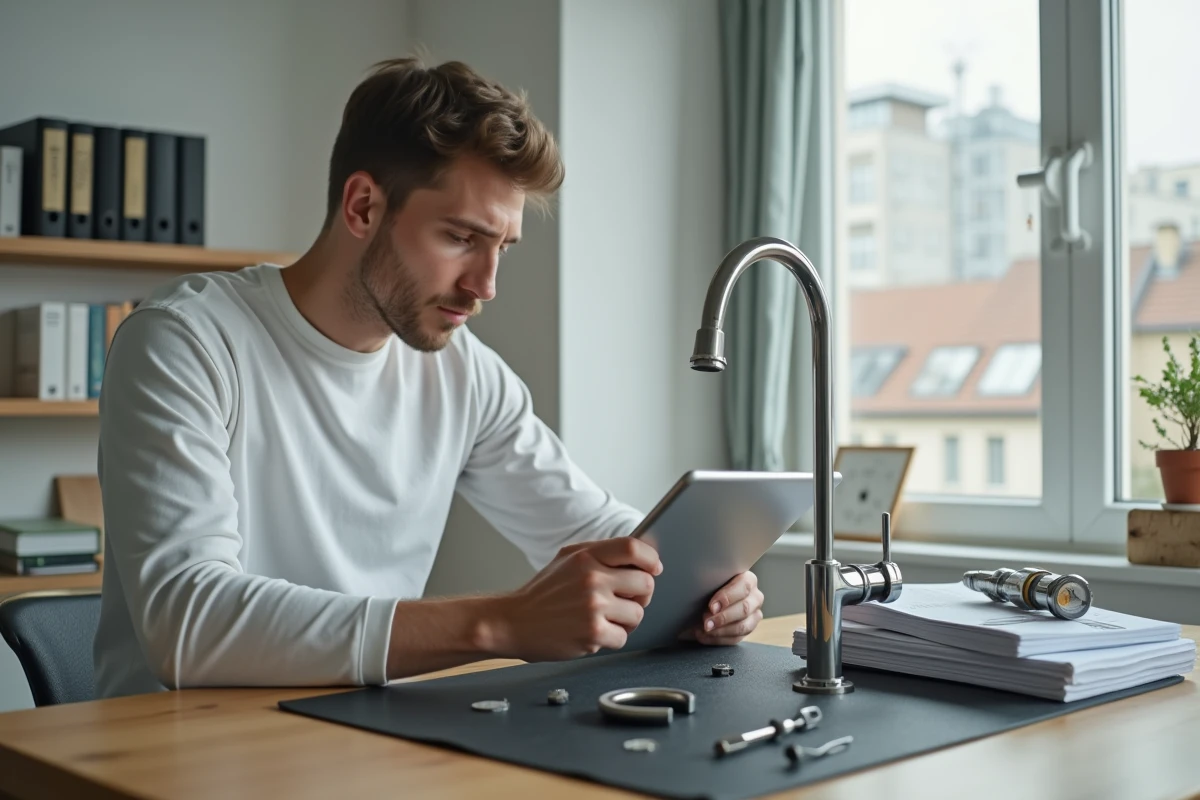 Jeune homme apprenant la plomberie avec un cours vidéo sur tablette à son bureau dans un appartement moderne