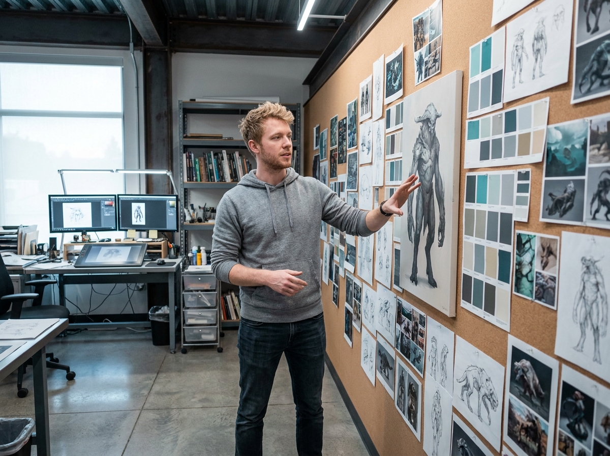 Artiste conceptuel debout devant un grand mur de références visuelles et de croquis de personnages dans un studio de jeu vidéo
