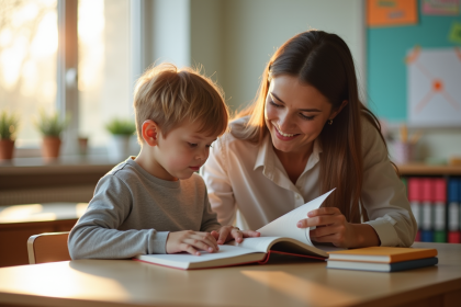 Assistante éducatrice aidant un jeune élève à lire dans une classe lumineuse