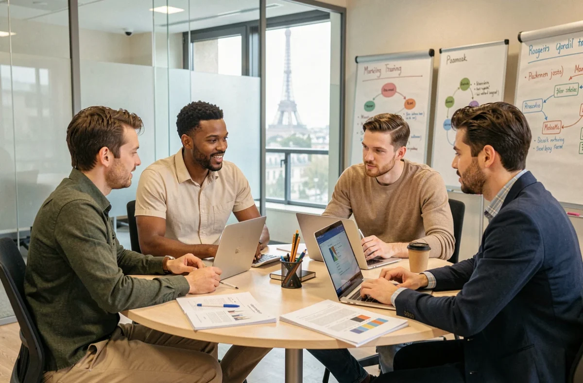 Groupe de professionnels en atelier de formation digitale collaborative à Paris