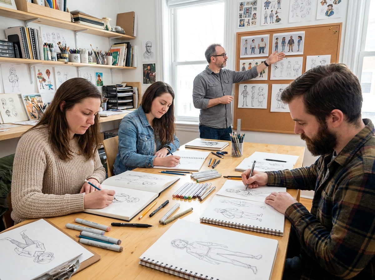 Étudiants adultes suivant un atelier de formation en illustration dans une salle de classe créative