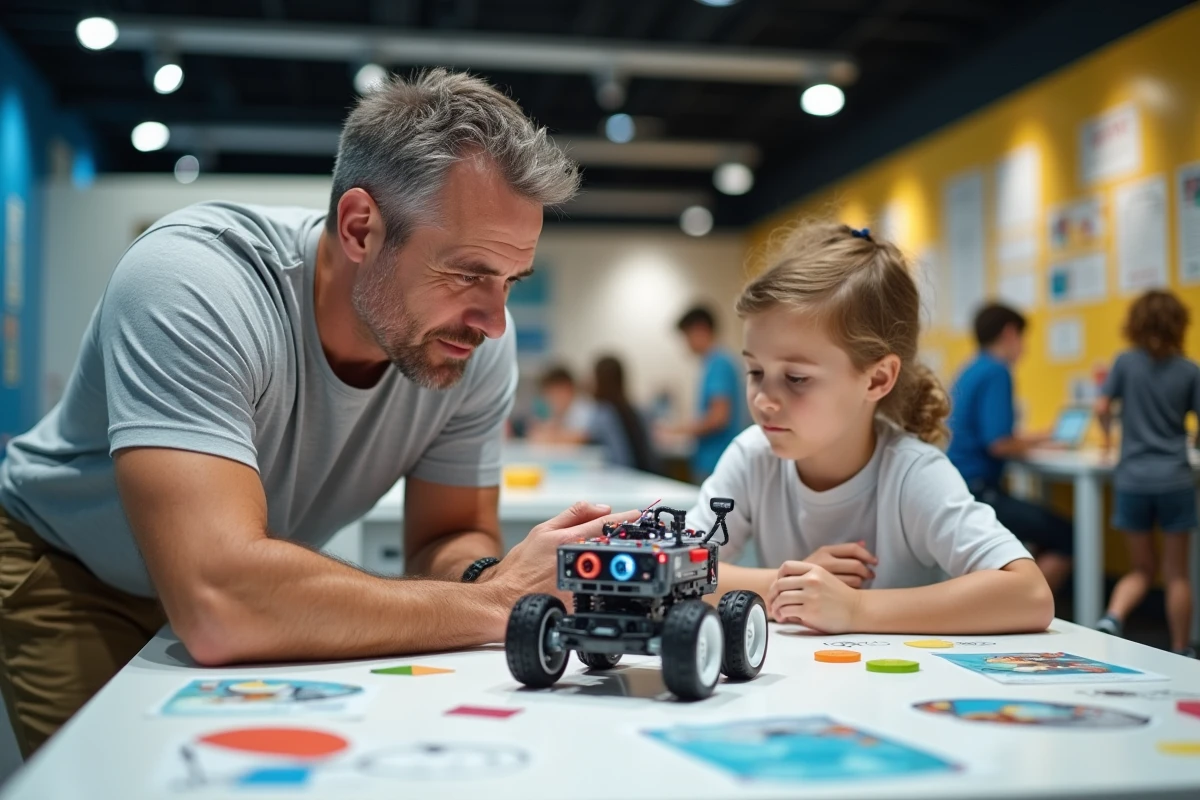Un père et son enfant lors d'un atelier robotique éducatif au musée des sciences du MIT