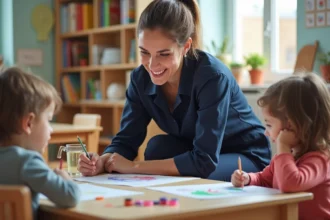Une ATSEM en blouse bleue aide des enfants dans une activité artistique en classe maternelle