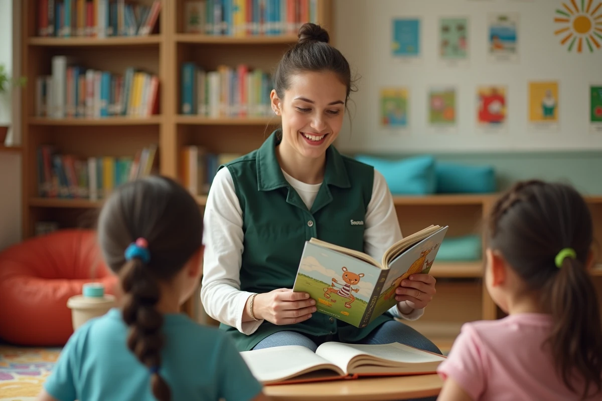 Une ATSEM lit un album illustré à voix haute à des enfants dans le coin bibliothèque de la maternelle