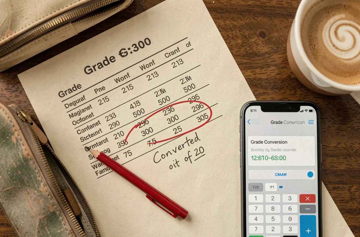Vue de dessus d'un bureau étudiant avec une fiche de notes sur 25 convertie en note sur 20 à la main et une calculatrice sur smartphone