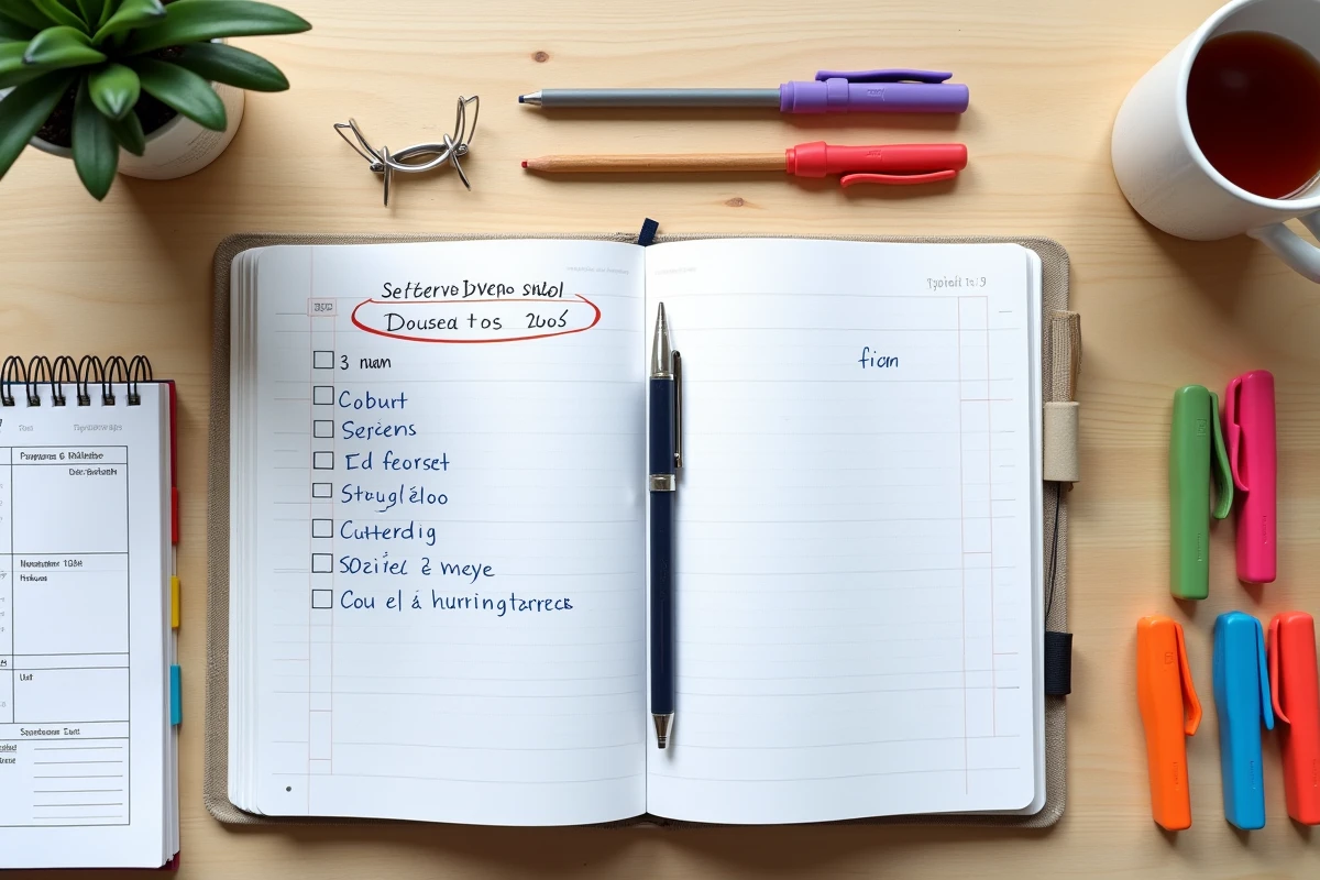 Vue de dessus d'un bureau étudiant organisé pour la rentrée en classe préparatoire avec cahier, check-list et fournitures scolaires