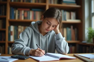 Étudiante calculant une note sur 20 dans un cahier à son bureau à domicile