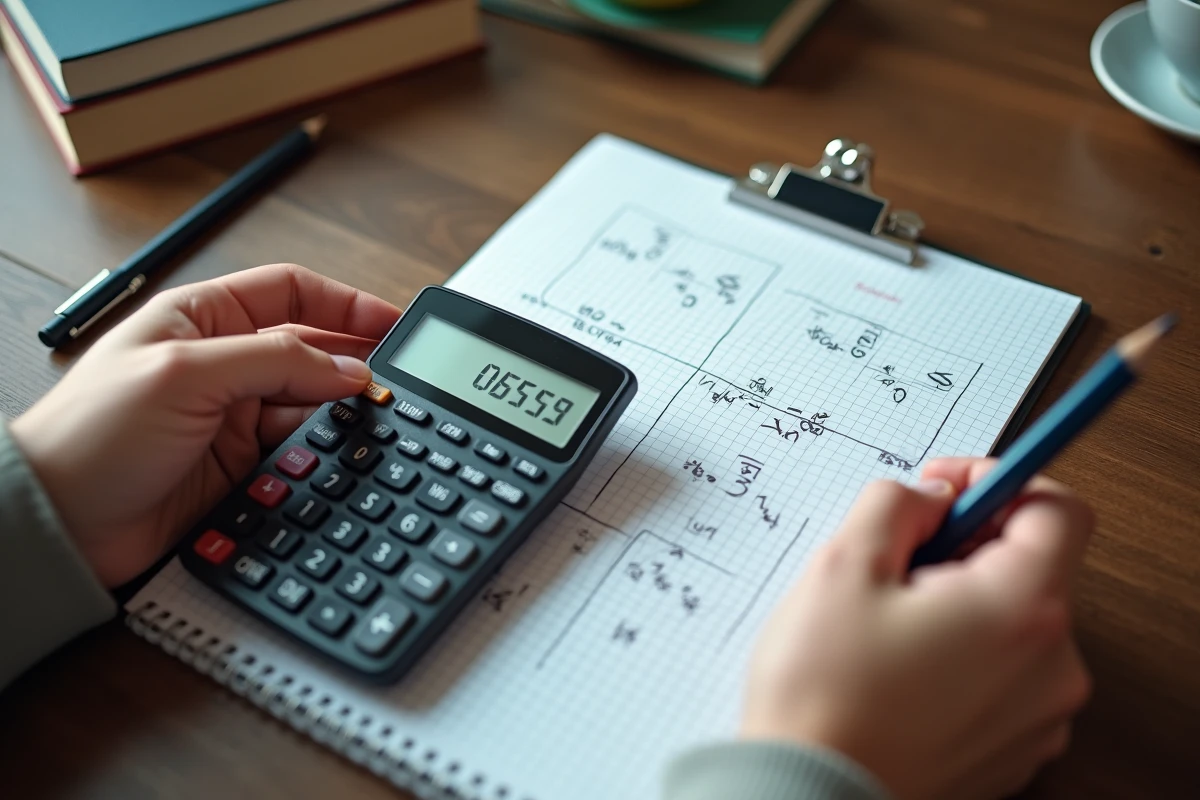 Gros plan d'une calculatrice et d'un calcul proportionnel de note sur 20 manuscrit sur papier