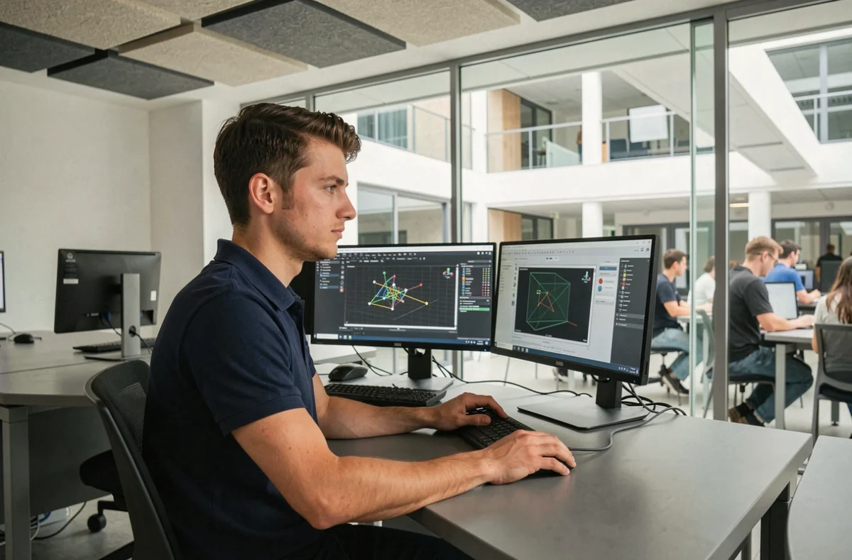 Étudiant travaillant sur un logiciel de simulation d'ingénierie dans une salle informatique de CentraleSupélec à Rennes