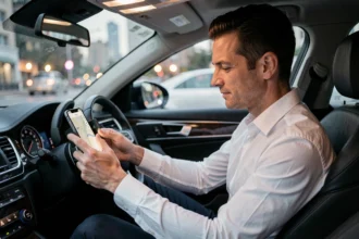 Chauffeur VTC professionnel au volant d'une berline noire consultant son application de navigation après une reconversion professionnelle
