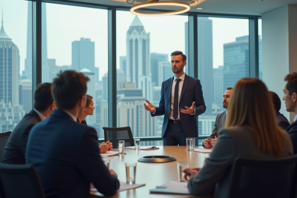 Manager confiant dirige une réunion en salle moderne