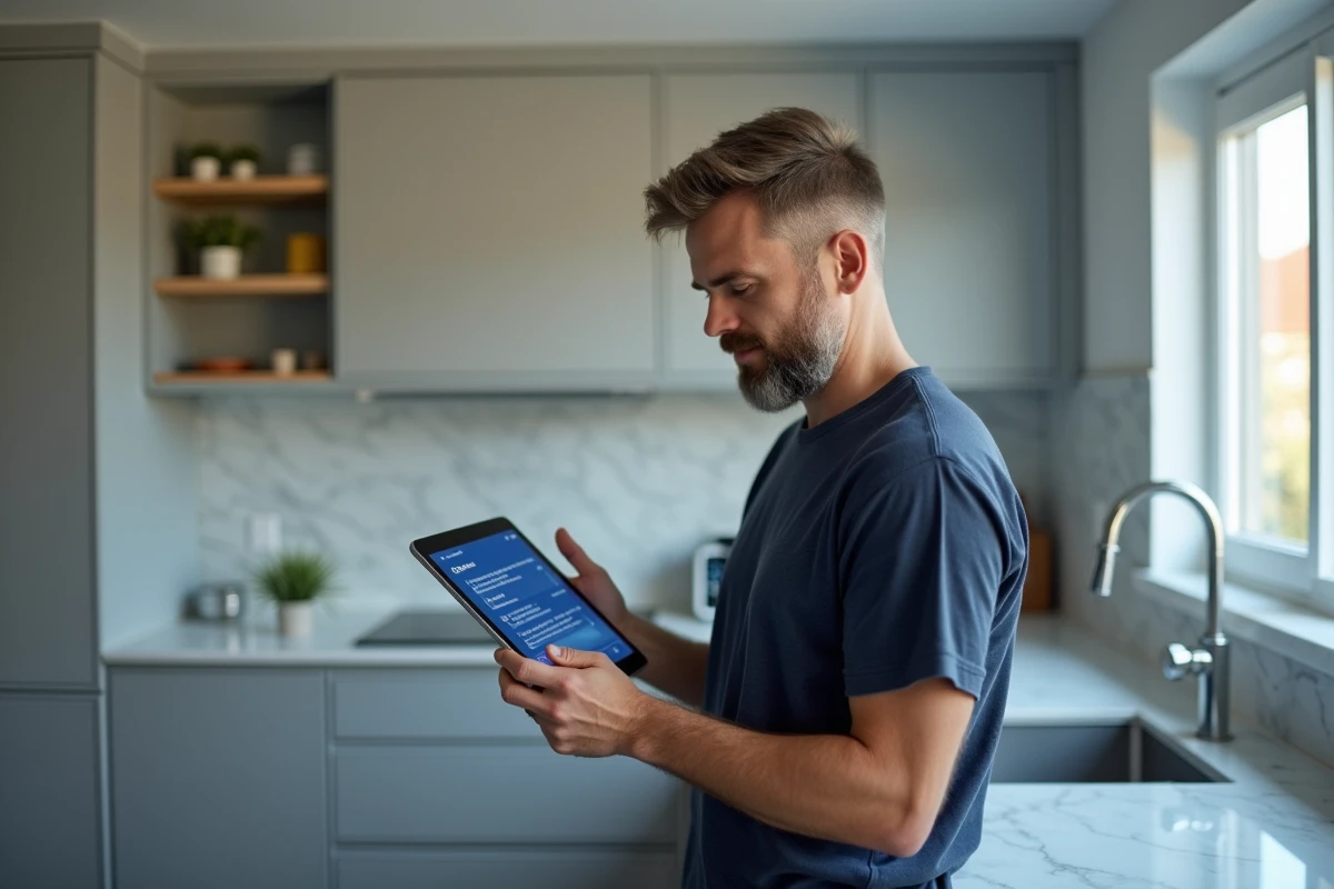 Homme adulte choisissant un parcours de formation sur une tablette dans une cuisine moderne, vue portrait naturelle
