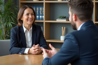 Coach d'affaires femme en réunion avec un client homme