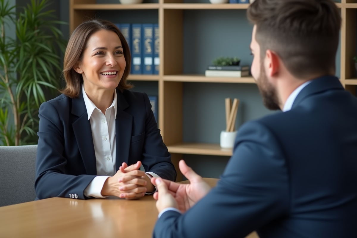 Coach d'affaires femme en réunion avec un client homme
