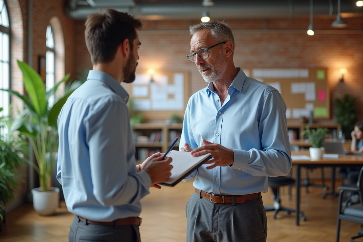 Homme en train de coacher un jeune collègue dans un espace de travail lumineux