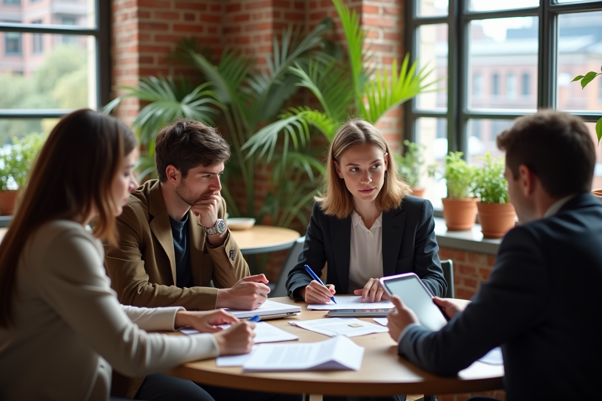 Jeune femme collaborant avec collègues dans un coworking lumineux