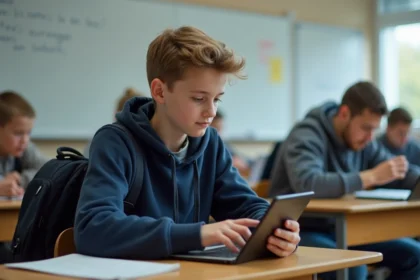 Collégien consultant un manuel numérique sur tablette dans une salle de classe moderne, accès ENT scolaire Touraine