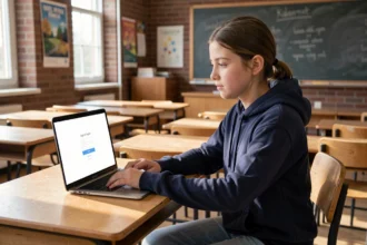 Collégienne des Hauts-de-Seine se connectant au portail ENC92 sur un ordinateur portable dans une salle de classe
