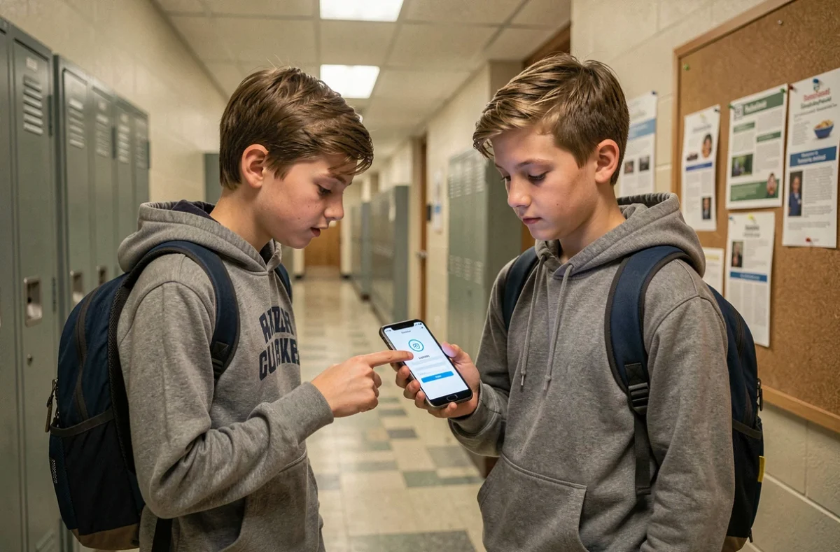 Deux collégiens consultant le guide de connexion ENC92 sur un smartphone dans le couloir de leur établissement