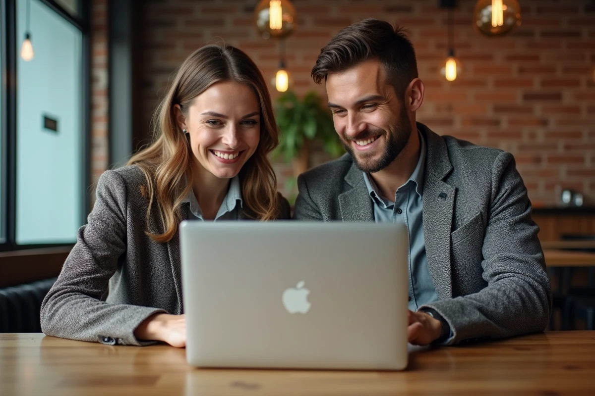 Deux collègues discutant des opportunités de formation Oulala.net et des métiers bien payés dans un café urbain