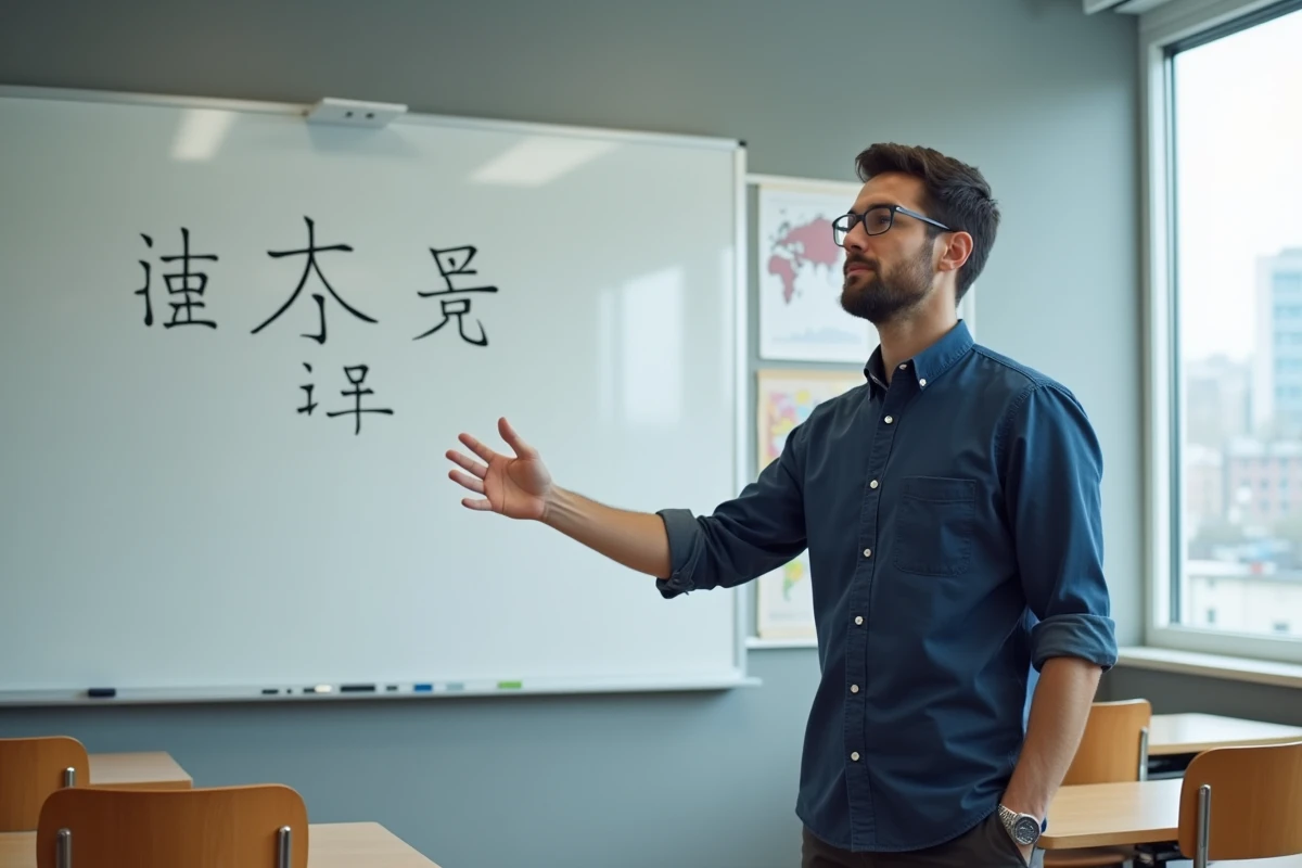 Enseignant comparant les caractères japonais et chinois sur un tableau blanc dans une salle de classe
