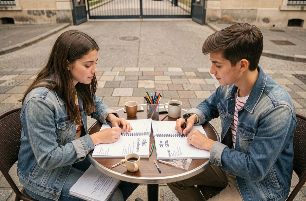 Deux lycéens comparant leurs cahiers de philosophie pour le bac général et technologique à une table de café devant leur lycée