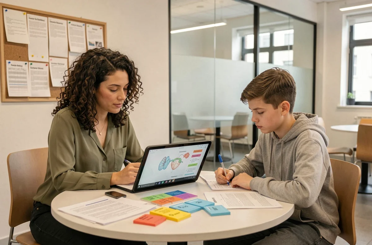 Tutrice de Completude Tours accompagnant un adolescent dans la révision de ses cours de biologie avec des fiches colorées