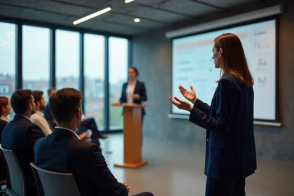Formatrice professionnelle animant une conférence en présentiel dans une salle de formation moderne à Paris