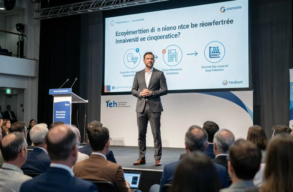 Conférencier spécialisé dans la tech française prenant la parole sur scène lors d'un événement innovation devant un large public
