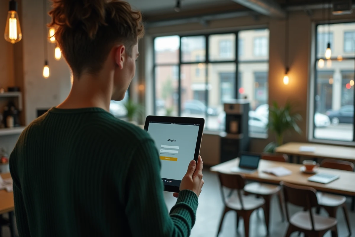 Jeune professionnel consultant l'interface de connexion ELGEAWEB sur une tablette dans un espace de coworking