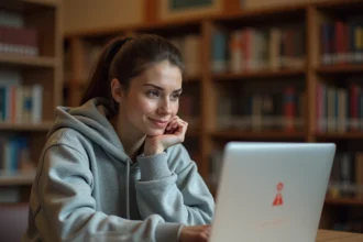 Étudiante frustrée face à une erreur de connexion sur le portail PIA de l'Académie de Grenoble sur son ordinateur portable en bibliothèque universitaire