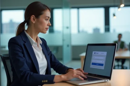 Femme professionnelle se connectant à un portail web sécurisé ELGEAWEB sur son ordinateur portable au bureau