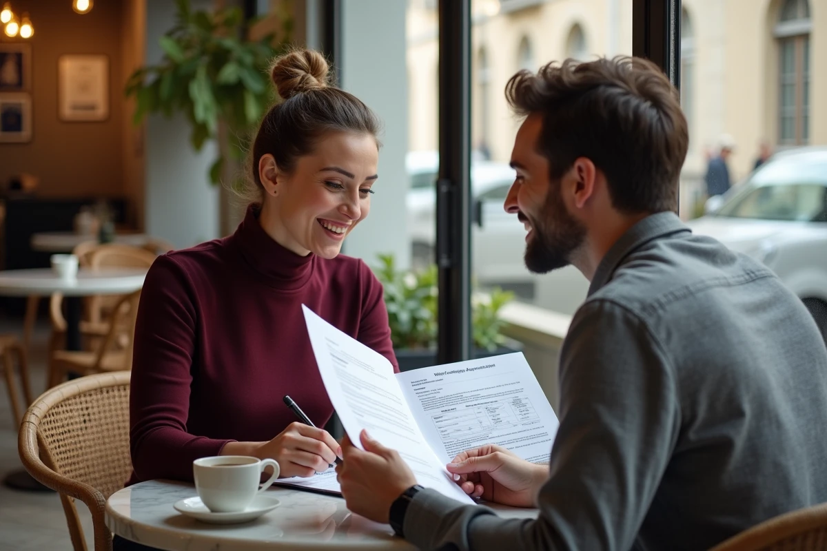 Deux professionnels du secteur culturel échangeant sur des candidatures et stratégies de recherche d'emploi dans un café