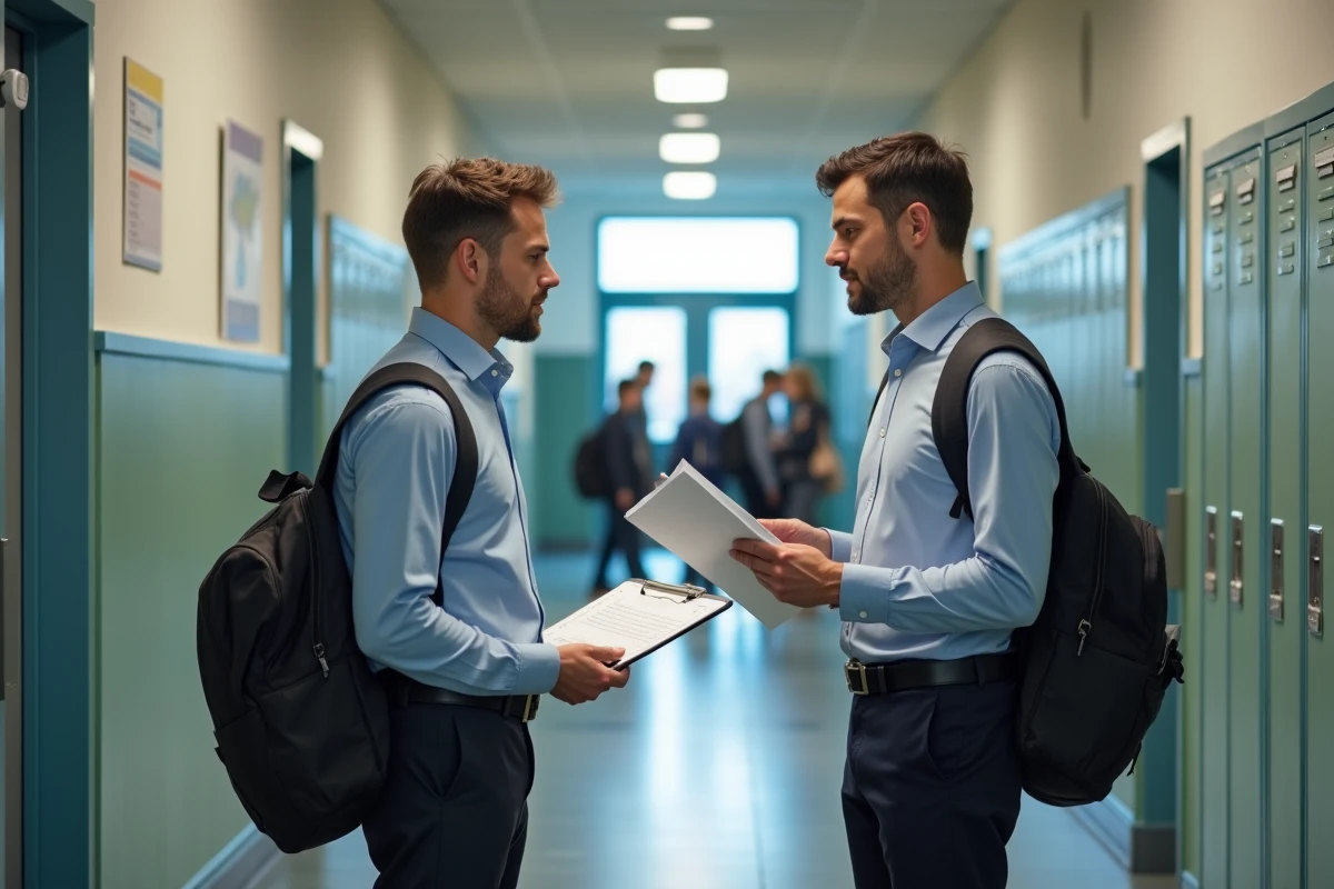 Coordinateur ULIS en lycée discutant d'un plan d'inclusion avec un élève dans le couloir