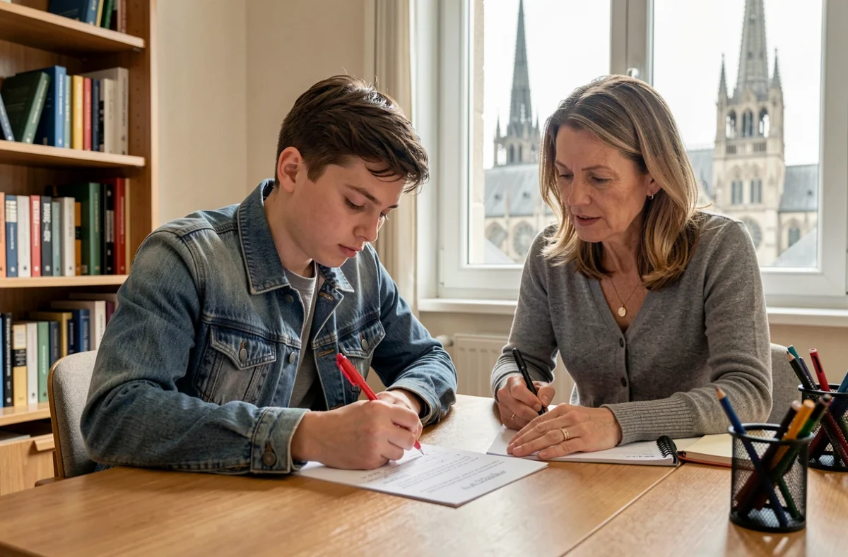 Un lycéen de Chartres travaillant sur un examen blanc avec sa tutrice de Cours Ado, la cathédrale visible en arrière-plan