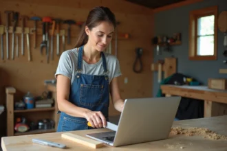 Femme suivant un cours de bricolage en ligne sur ordinateur portable dans un atelier maison avec outils en arrière-plan