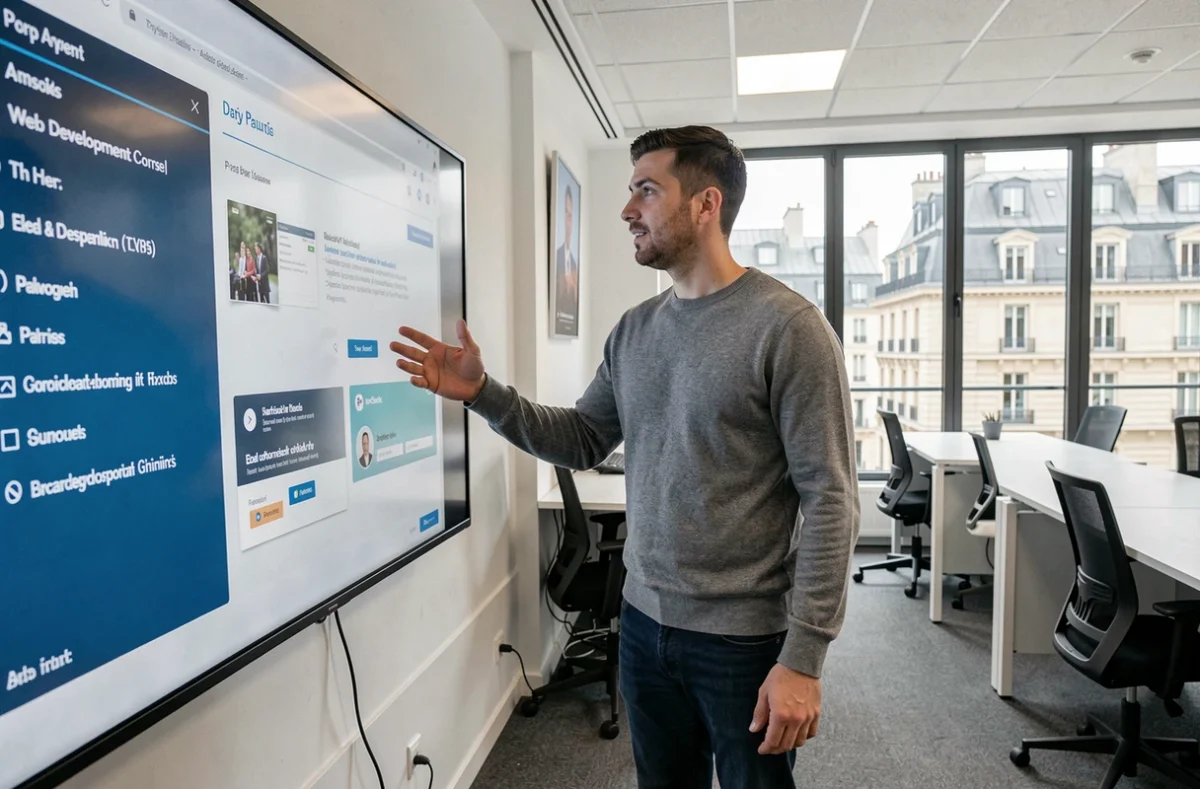Homme en cours de formation digitale devant un écran interactif dans un centre de formation parisien