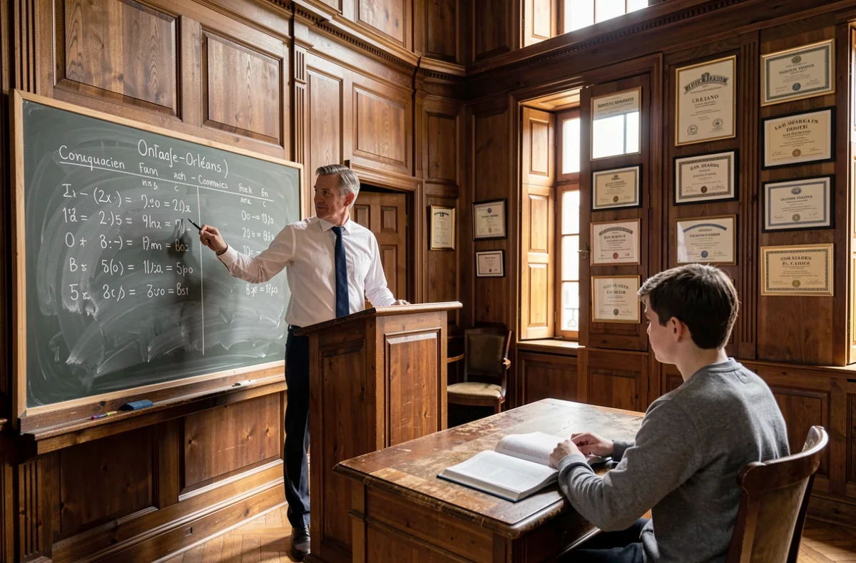 Enseignant de Cours Legendre Orléans donnant un cours de grammaire française dans une salle d'étude traditionnelle