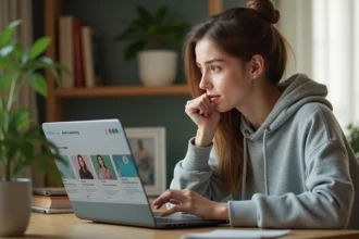 Jeune femme débutante explorant une plateforme de formation en ligne sur son ordinateur portable dans un bureau à domicile chaleureux