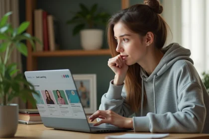 Jeune femme débutante explorant une plateforme de formation en ligne sur son ordinateur portable dans un bureau à domicile chaleureux